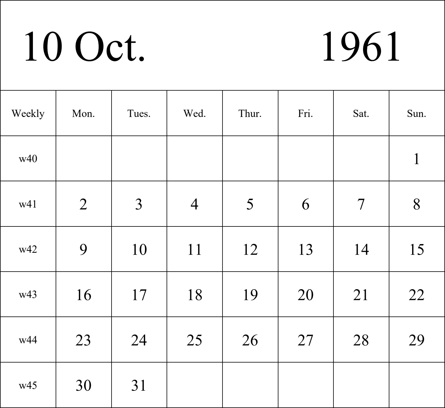 日历表1961年日历 英文版 纵向排版 周一开始 带周数